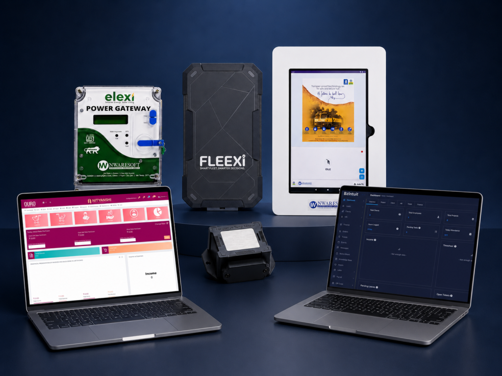 ChatGPT-Image-Jul-22-2026-02_19_29-PMpng - Nwaresoft Private Limited - Nwaresoft Private Limited Fleet management tech setup: gateway, rugged module, tablet display, and two laptops showing dashboards on a blue background.