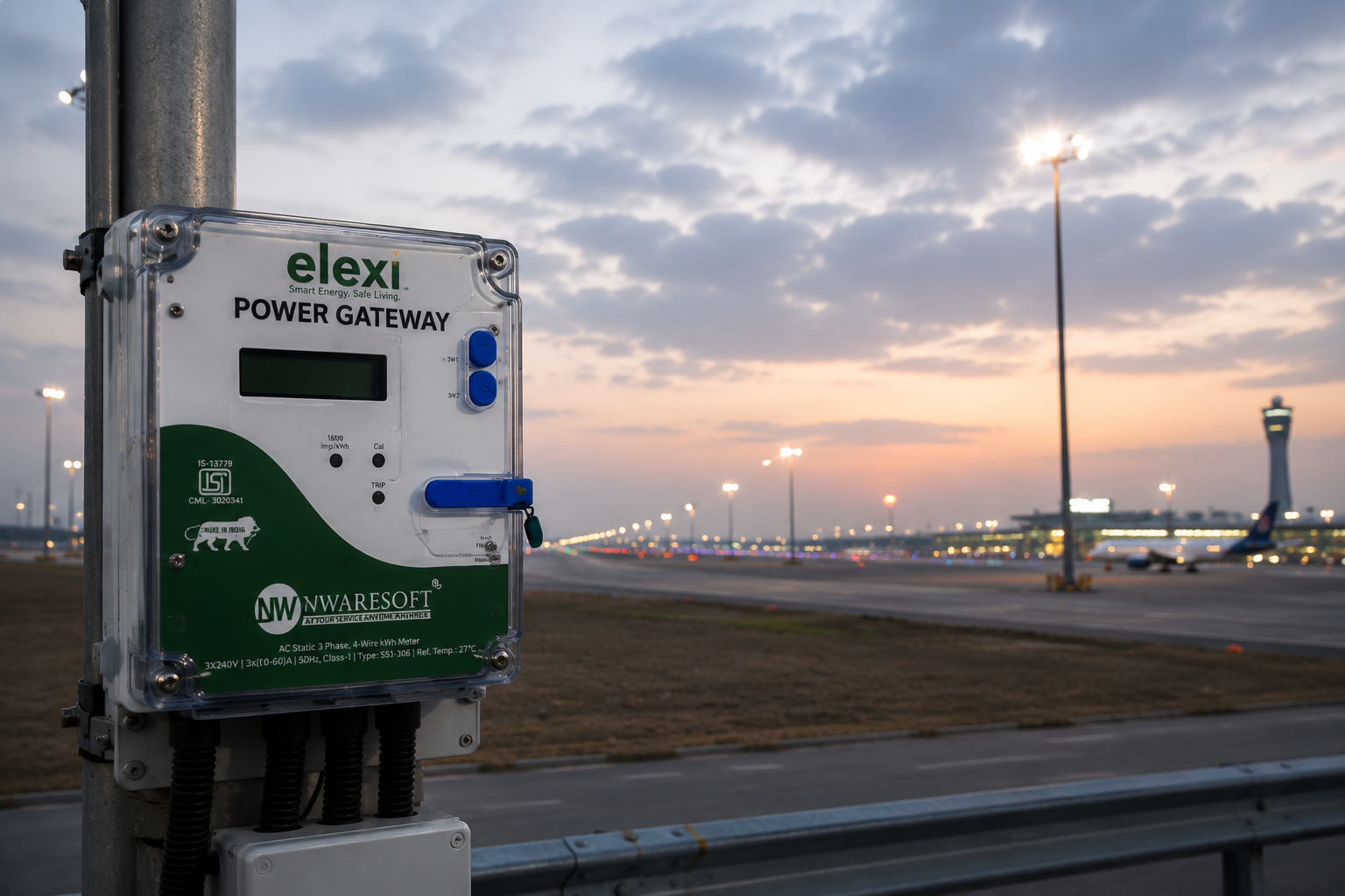 ChatGPT-Image-Jul-23-2026-01_18_55-PMpng - Nwaresoft Private Limited - Nwaresoft Private Limited Power gateway unit mounted on a pole at an airport, with taxiways, runway lights, and a distant control tower at sunset-tinged sky.