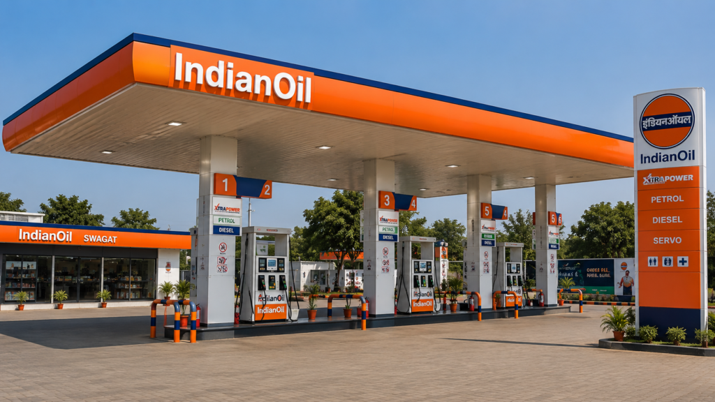 Front view of an IndianOil gas station with orange canopies, multiple fuel pumps, and a small shop labeled IndianOil Swagat on the left.