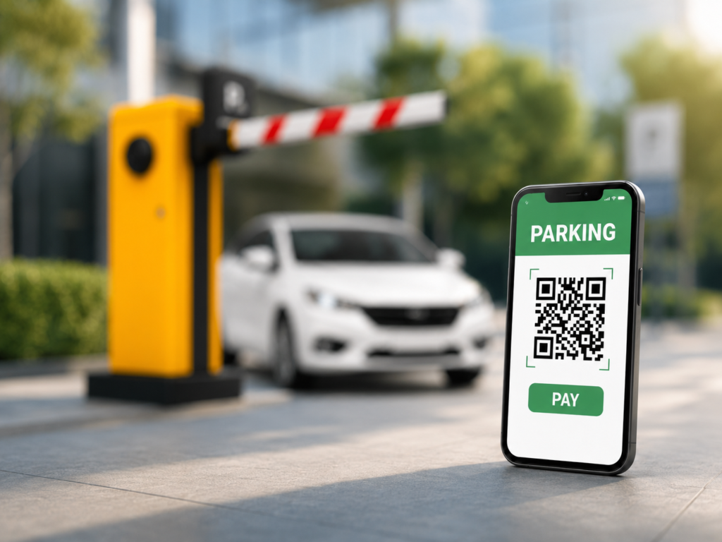 ChatGPT-Image-Jul-23-2026-10_06_54-PMpng - Nwaresoft Private Limited - Nwaresoft Private Limited Phone screen shows a parking QR code with a green PAY button beside a barrier gate and a white car in the background.
