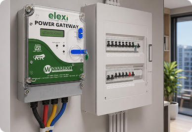 ChatGPT-Image-Jul-7-2026-04_58_15-PM-1png - Nwaresoft Private Limited - Nwaresoft Private Limited elexi power gateway mounted beside a white circuit breaker panel in a modern office setting.