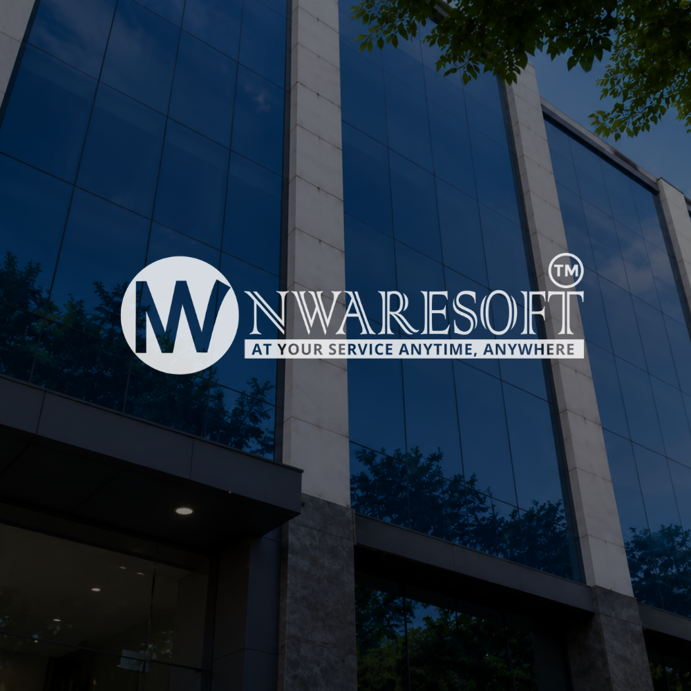 Untitled-design-42png - Nwaresoft Private Limited - Nwaresoft Private Limited MW INWARESOFT logo on a blue glass office-building façade, with the slogan 'At your service anytime, anywhere.'