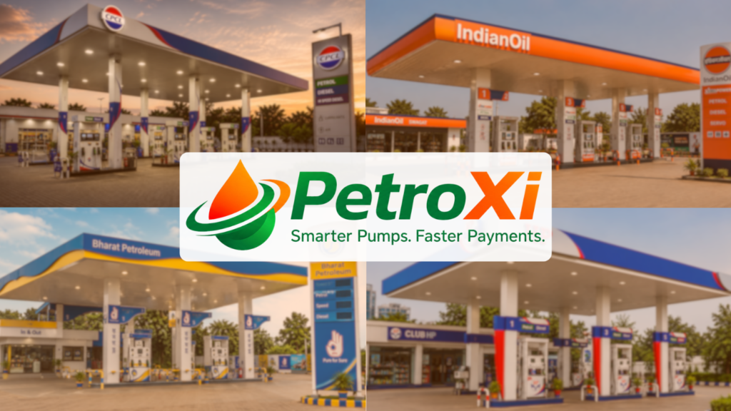 Untitled design 56 - Nwaresoft Private Limited - Nwaresoft Private Limited PetroXi logo over a collage of four petrol stations from IndianOil and Bharat Petroleum at sunset.