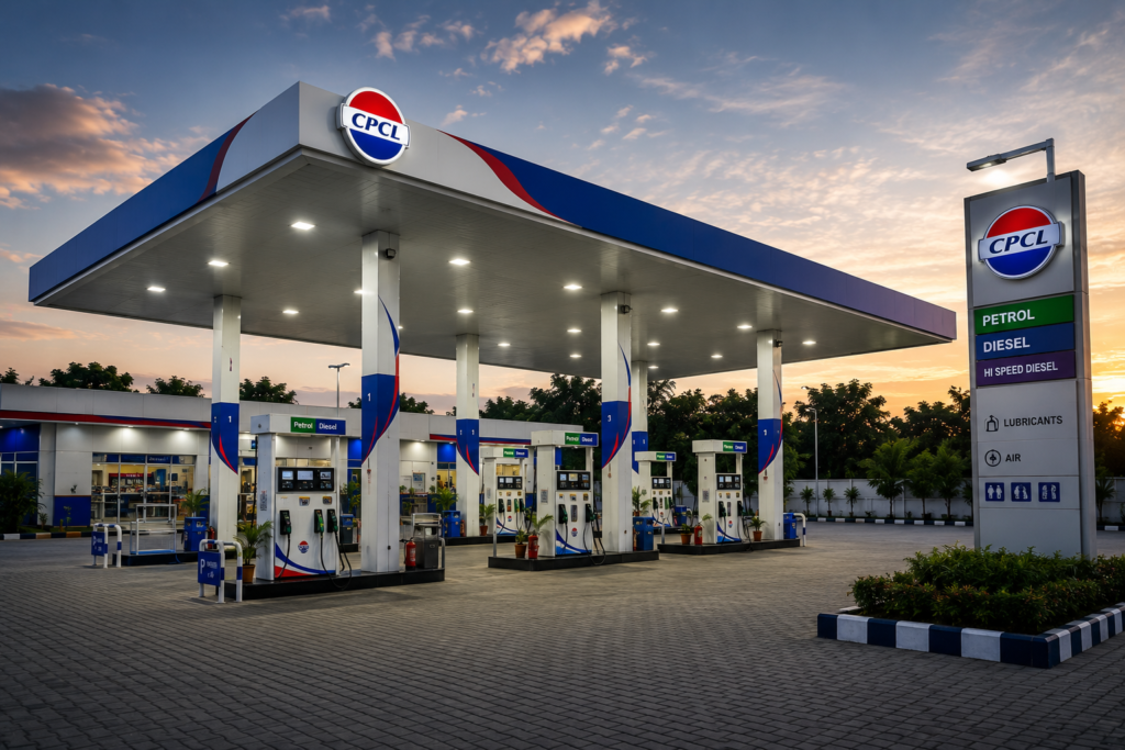 CPCL gas station with multiple fuel pumps under a large canopy at sunset, blue and white branding visible on columns and signage.