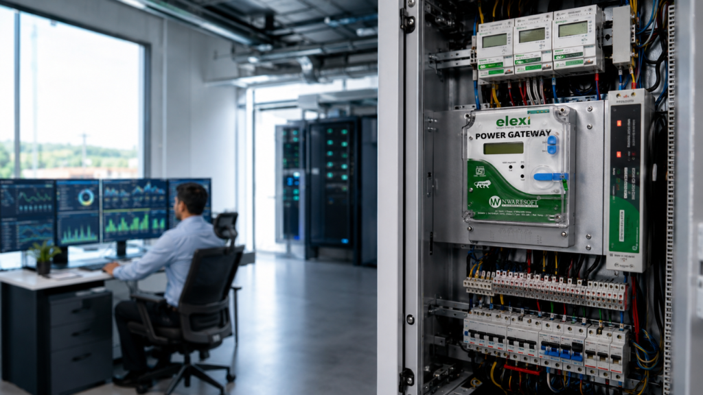 Technician at a multi-monitor control station in a bright lab; foreground shows an open electrical cabinet labeled Power Gateway with wiring and components.
