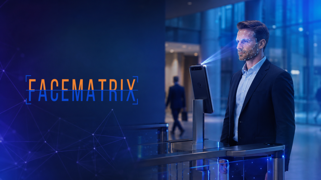 Businessman in a suit uses facial-recognition access at a modern turnstile, with a blue-lit corporate backdrop and 'FACEMATRIX' branding on the wall.