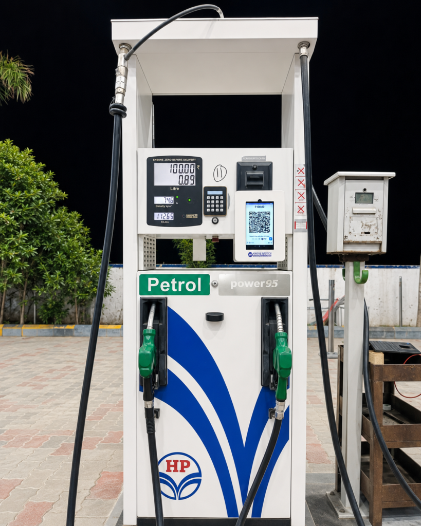 Gasoline pump at a fuel station with HP logo and neon green nozzles; digital meter displays price and quantity.