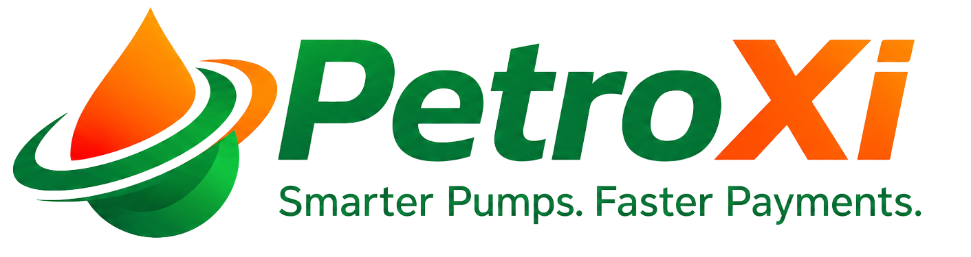 PetroXi logo featuring a green-and-orange droplet icon beside the green PetroXi wordmark and the tagline 'Smarter Pumps. Faster Payments.'