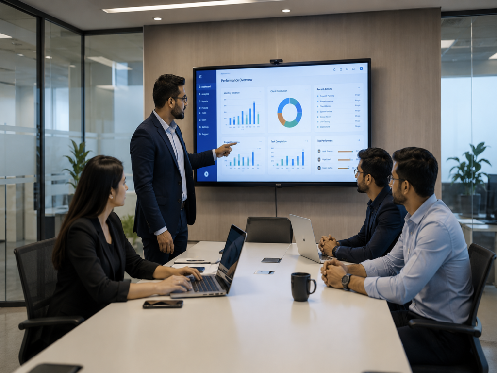 resized_image_1_1448x1086png - Nwaresoft Private Limited - Nwaresoft Private Limited Man in a suit presents a data dashboard on a large screen to three colleagues in a modern conference room.