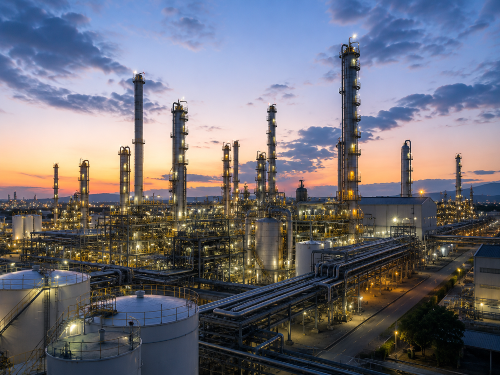 resized_image_2_1448x1086png - Nwaresoft Private Limited - Nwaresoft Private Limited Industrial refinery at dusk with tall processing towers and lit pipelines and equipment in the foreground. (informative)