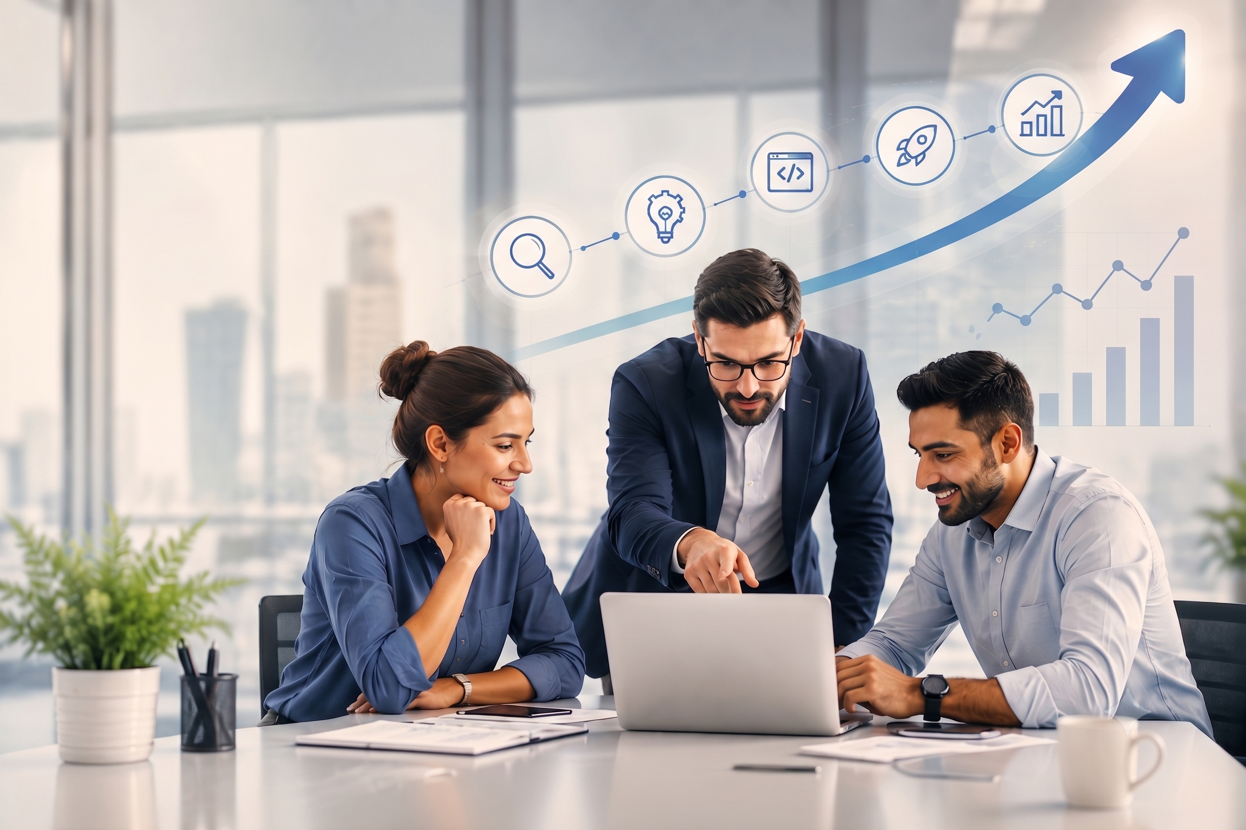 Built for Scale - Nwaresoft Private Limited - Nwaresoft Private Limited Three colleagues in business attire collaborate around a laptop during a meeting, with growth icons and an upward-trending graphic in the background.