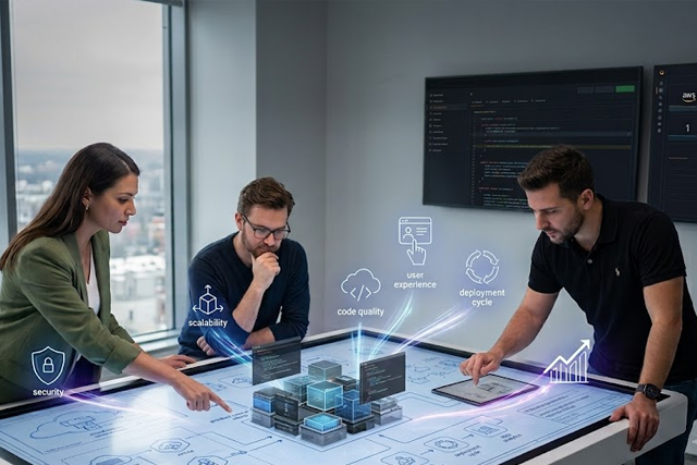 - Nwaresoft Private Limited - Nwaresoft Private Limited Software developers collaborate around a futuristic, glowing table with holographic icons for security, scalability, code quality, UX, and deployment cycle, while a code screen is visible in the background.