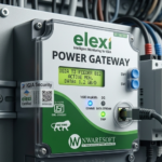 Power gateway unit in a server rack with multicolor network cables and a small display panel showing data values (elexi branding).