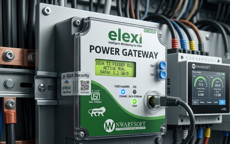 elexi-igai - Nwaresoft Private Limited Power gateway unit in a server rack with multicolor network cables and a small display panel showing data values (elexi branding).