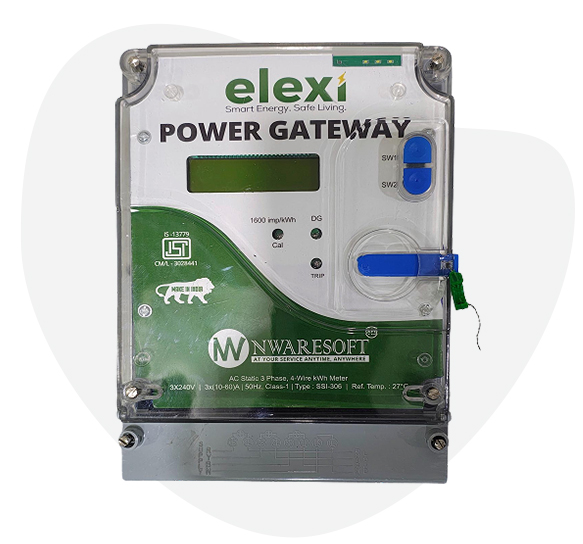 elexi-meter - Nwaresoft Private Limited - Nwaresoft Private Limited Elexi Power Gateway energy monitor with display, green panel, and blue ports on a white background.