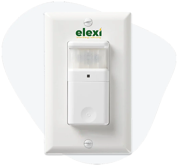 - - White wall-mounted energy-saving sensor with a translucent cover and the brand name ‘elexi’ on the plate.