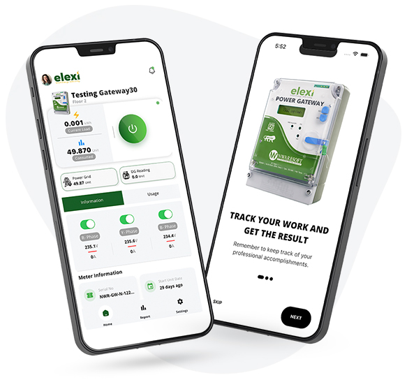 - - Two tilted smartphones showing a monitoring app with meter data, toggles, and a device image on a white background.