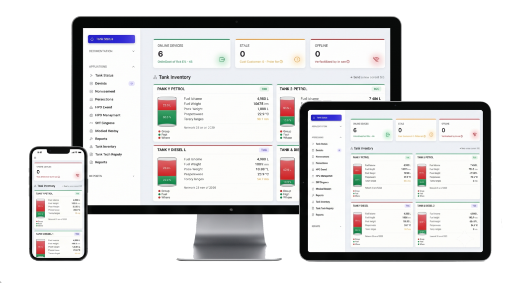 - - Dashboard UI displaying tank status and inventory cards across a large monitor, tablet, and smartphone with a left navigation menu