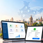 - Laptop, tablet, and card reader show a digital payments dashboard on a street with a city skyline and a world-map overlay of location pins.
