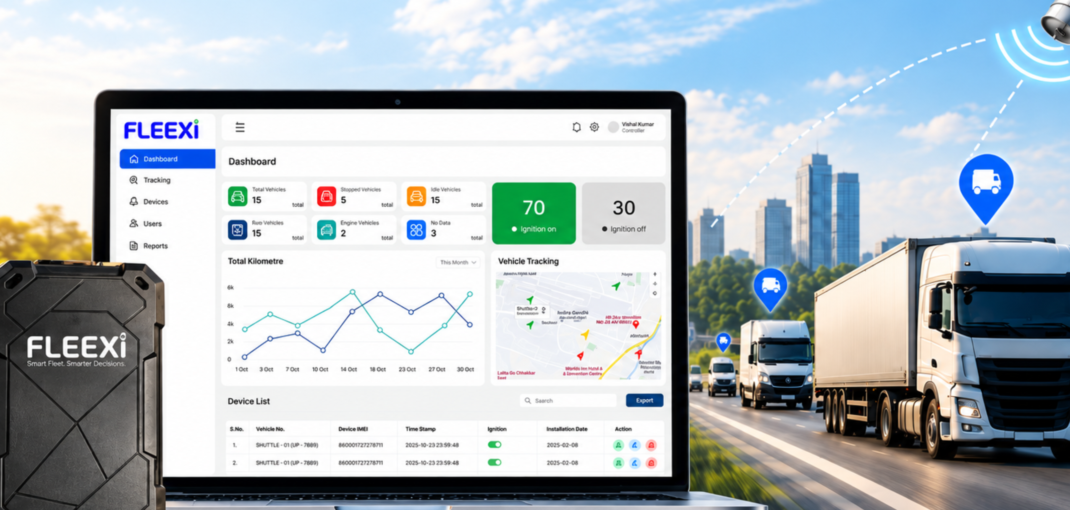 - Laptop shows FleetXi fleet management dashboard with charts and stats, trucks driving on a highway in the background.