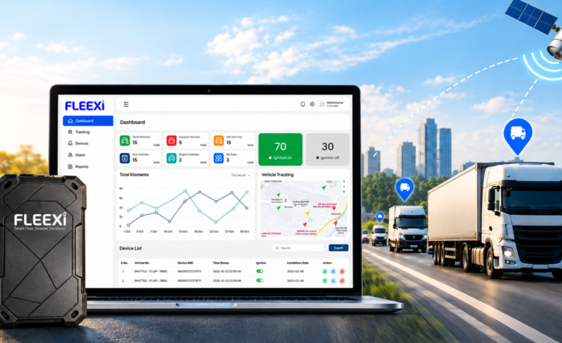 - Laptop shows FleetXi fleet management dashboard with charts and stats, trucks driving on a highway in the background.