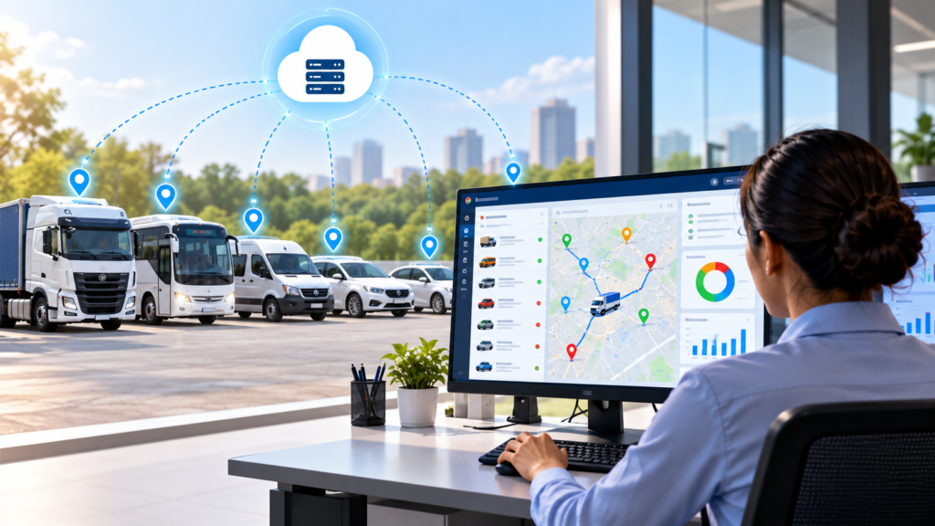 - - Operator monitors live fleet map and vehicle status on a large computer display from a desk. Visual shows a cloud server icon and glowing location pins linked to trucks outdoors.