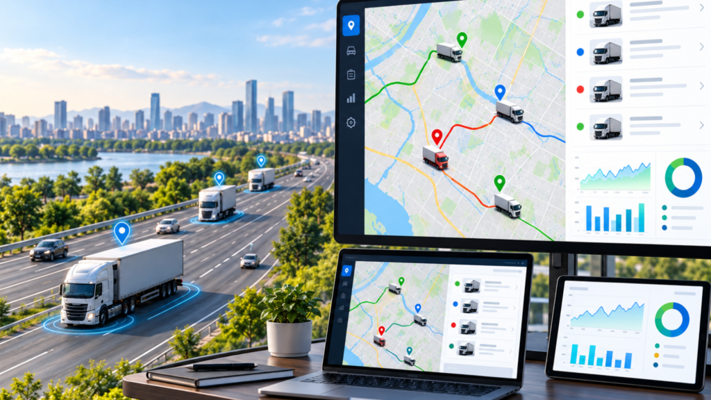 - - Fleet management scene with trucks on a highway and multiple screens showing map routes and analytics graphs and charts at a desk-side setup
