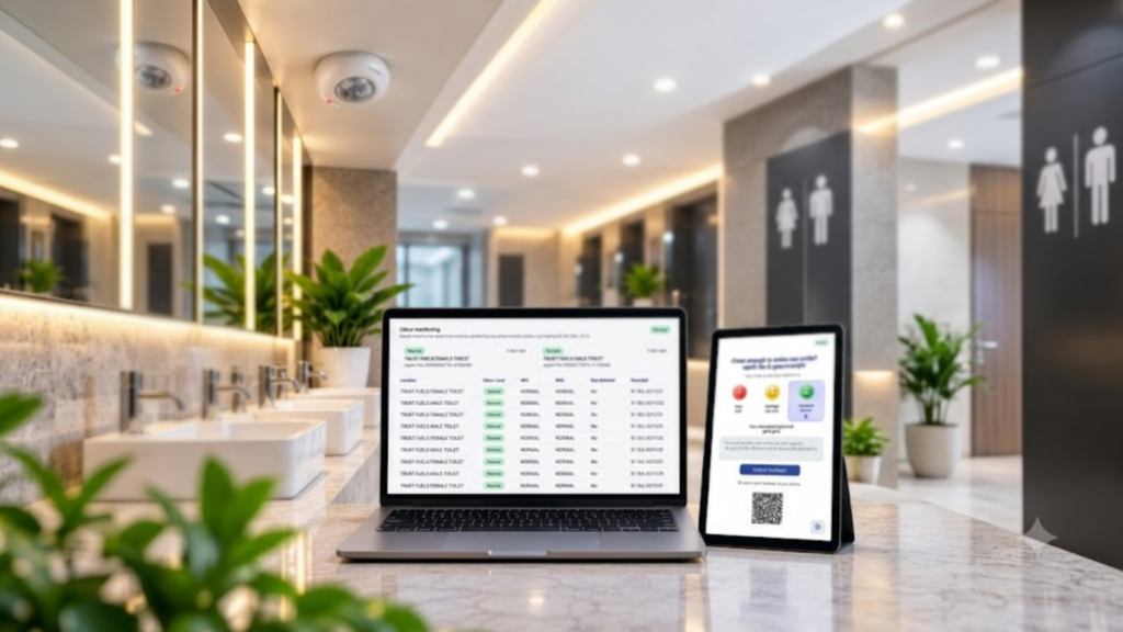 Laptop and tablet on a marble countertop in a bright, modern restroom area, displaying a data dashboard and a sign-up/QR screen.