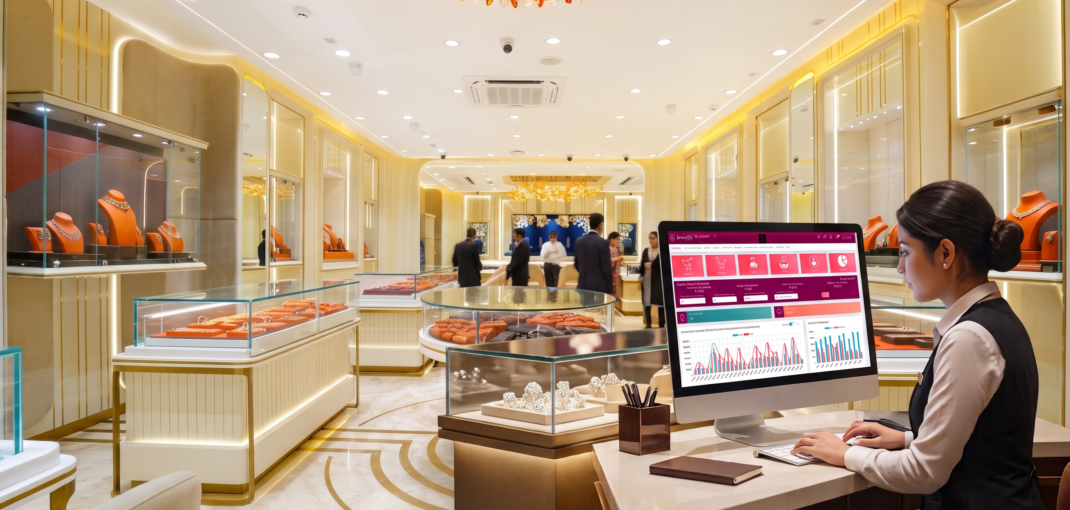 jewelxi-banner-blog - Nwaresoft Private Limited - Sales associate at a desk in a gold-toned jewelry store, looking at a computer displaying a colorful data dashboard.