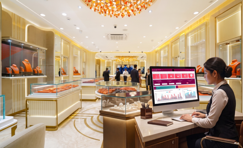 - Sales associate at a desk in a gold-toned jewelry store, looking at a computer displaying a colorful data dashboard.