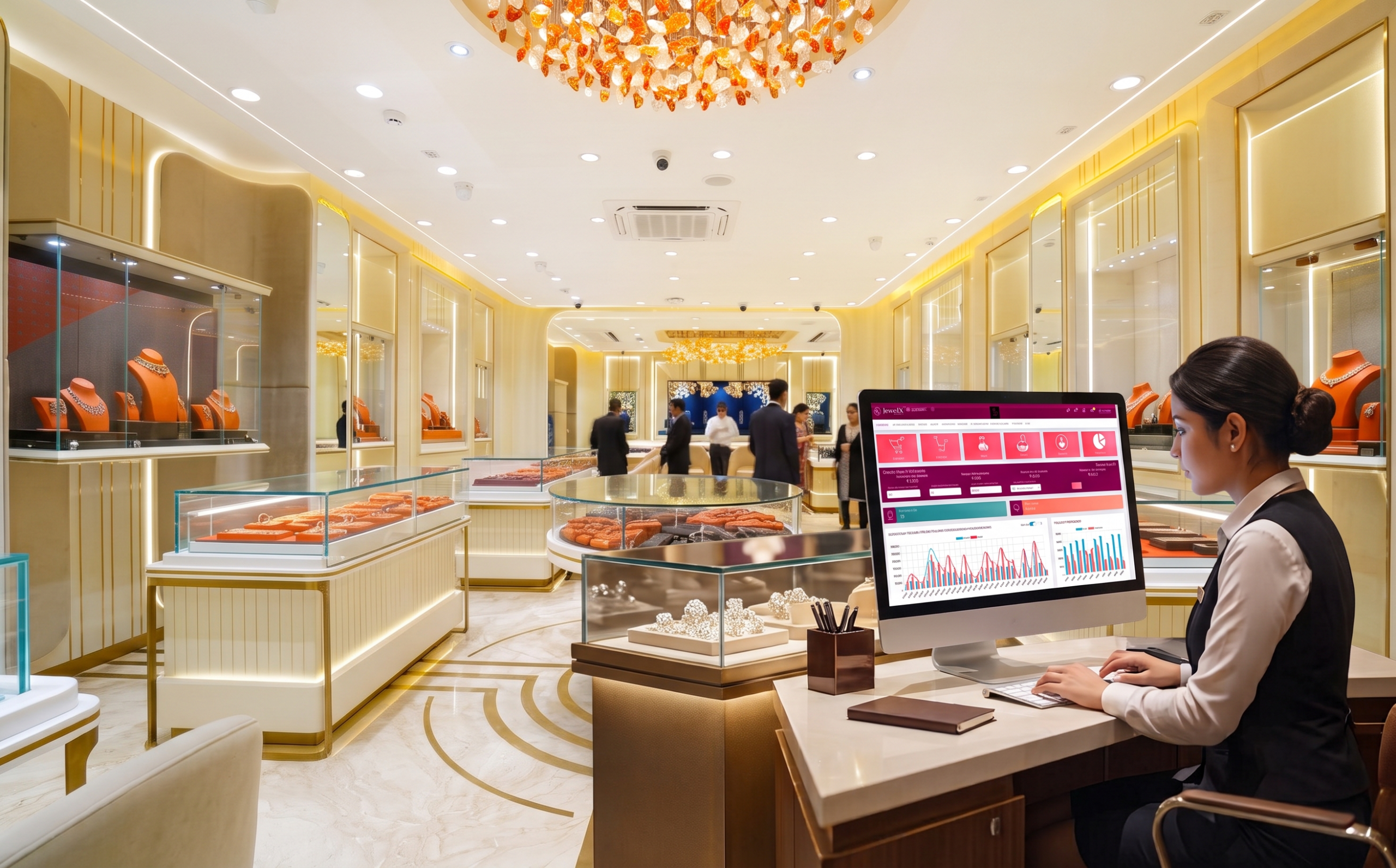 Sales associate at a desk in a gold-toned jewelry store, looking at a computer displaying a colorful data dashboard.