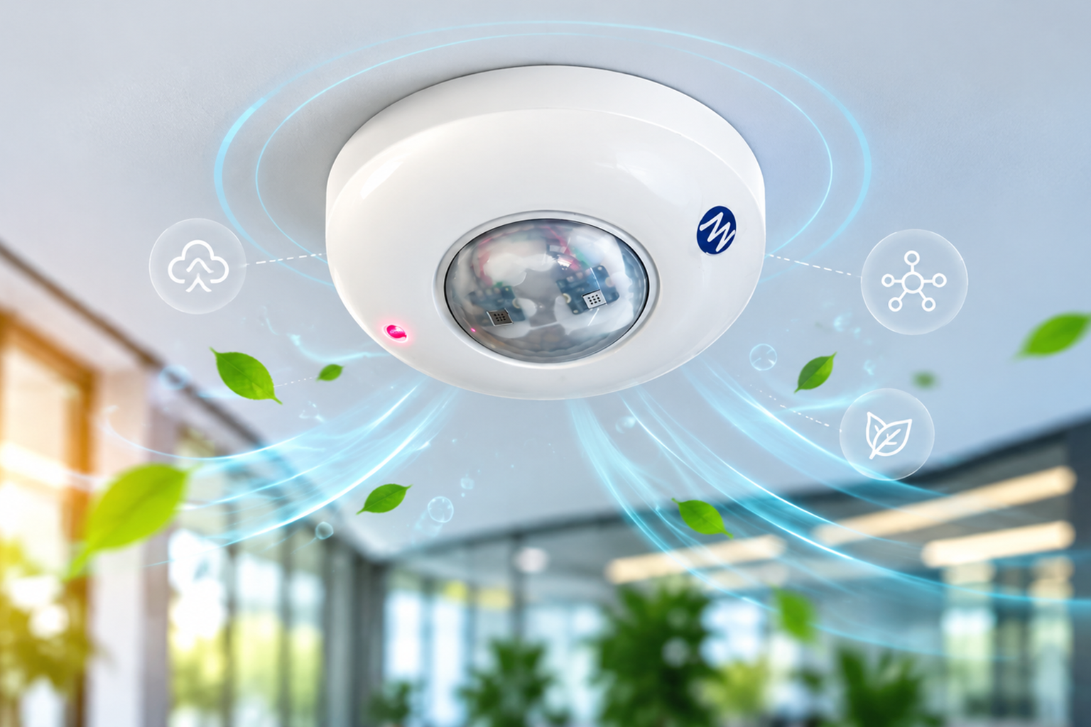 odiur-sensor - Nwaresoft Private Limited - Nwaresoft Private Limited Ceiling-mounted smart sensor monitoring air quality and connectivity in a modern office, with blue rings and eco icons floating around it.