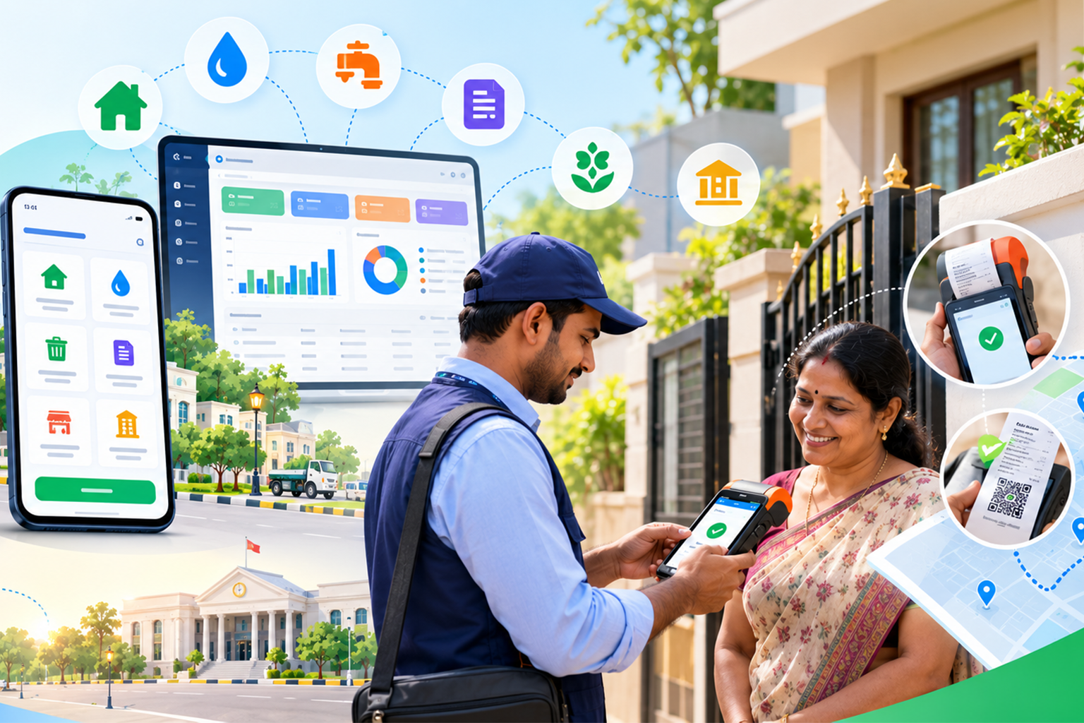 ulb-pay-system - Nwaresoft Private Limited - Nwaresoft Private Limited - - Utility worker scans a resident’s phone outdoors while smart-city icons (water, home, documents) float above him.